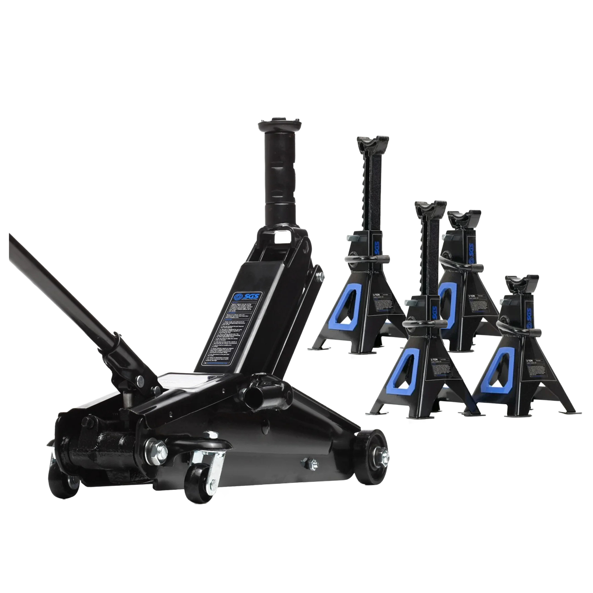 SGS 2.5 Tonne Rapid High Lift 4x4 Trolley Jack | 4x 3 Tonne Ratchet Axle Stands